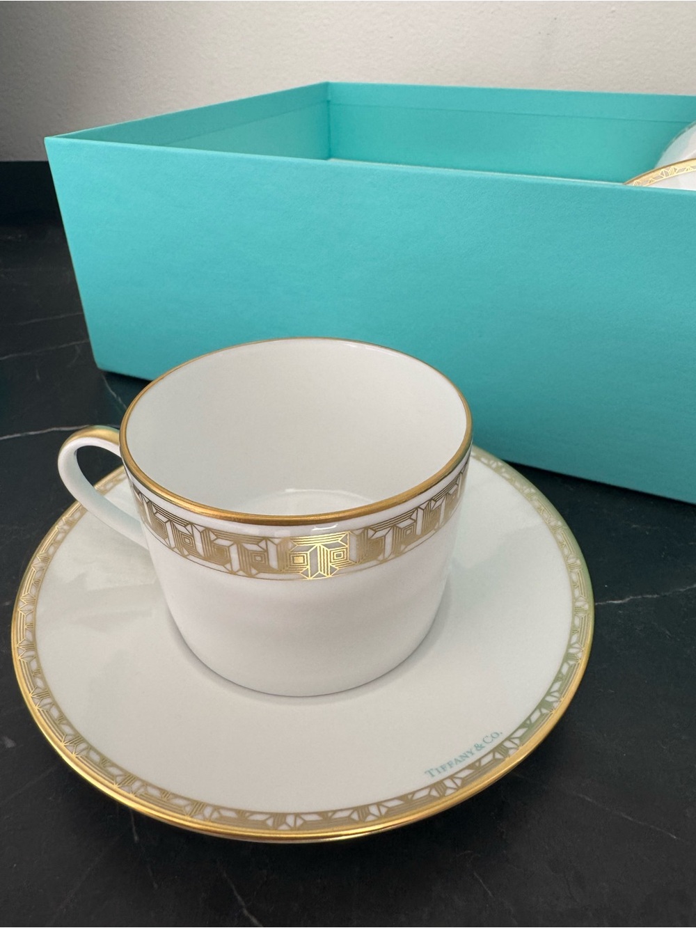 (NEW) Tiffany & Co. White Porcelain Teacup and Saucer with Gold Trim (2)